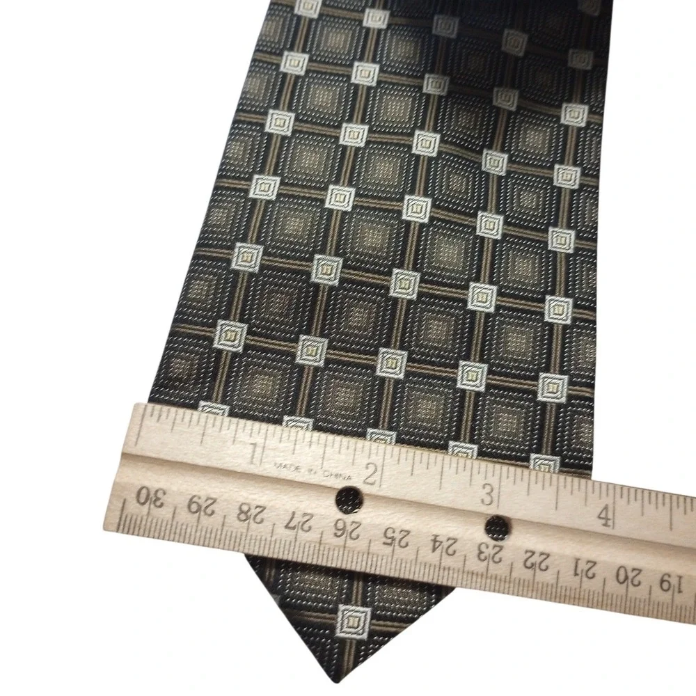 Roberto Villini Collezione Mens Silk Tie Olive Green Bronze Geometric Square NEW